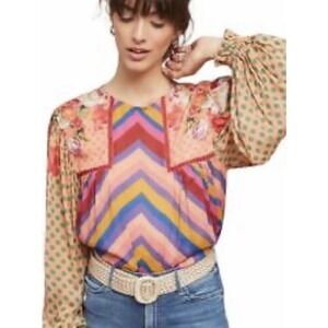 Anthropologie Bl^nk London Miranda Blouse S Multicolor Peasant Puff Slv Floral